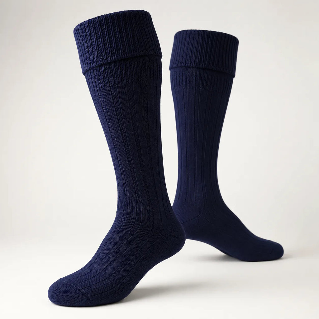 Navy blue kilt hose side view – traditional ribbed Highland socks in navy for Scottish dress by Glenor Heritage