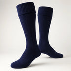 Navy blue kilt hose side view – traditional ribbed Highland socks in navy for Scottish dress by Glenor Heritage