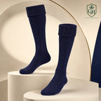 Navy blue kilt hose full length showing knee-high ribbed design for authentic Highland dress