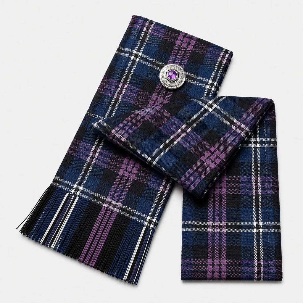 Pride of Scotland Tartan Sash front view – full-size women's Highland sash in navy purple tartan by Glenor Heritage