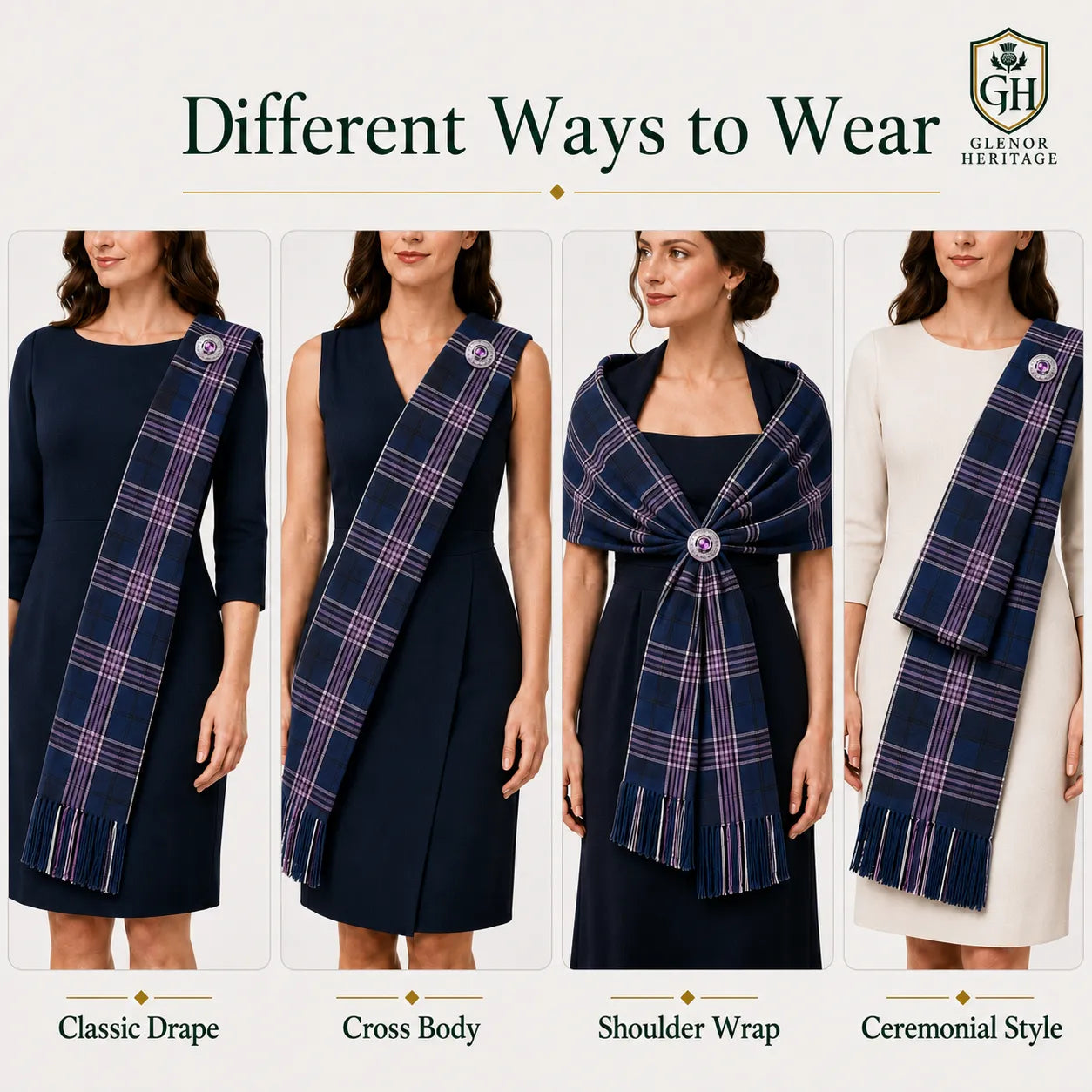Pride of Scotland tartan sash draped showing full length and traditional fringe edging