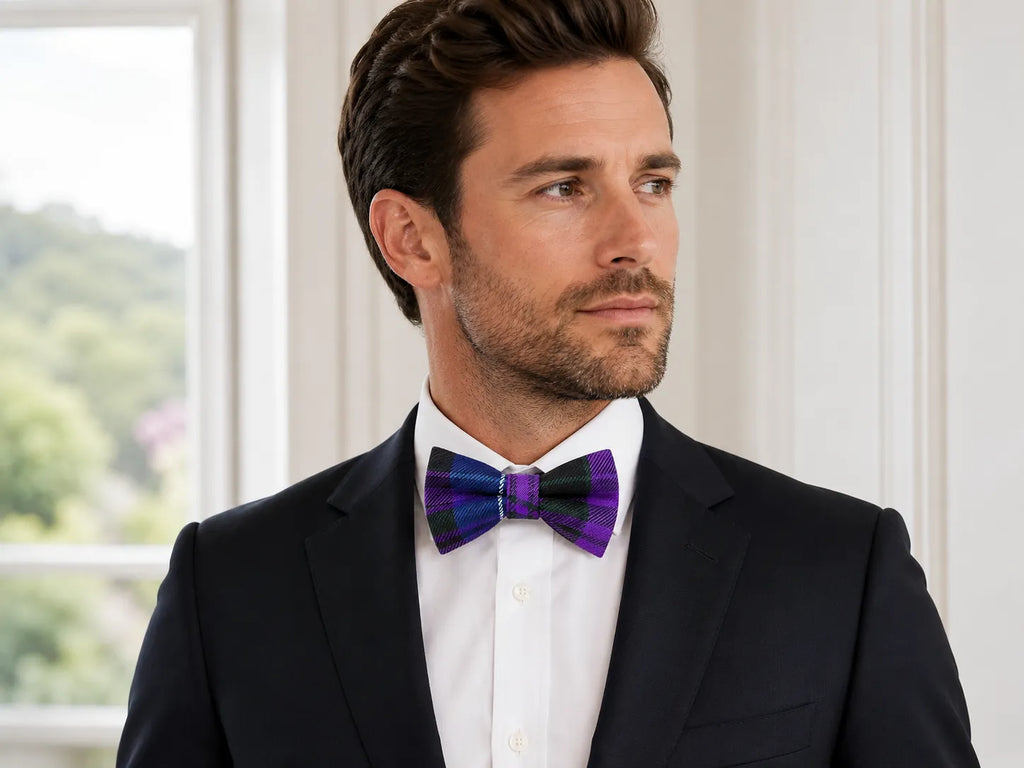 A man wearing a black suit jacket, white dress shirt, and a purple and blue patterned bow tie, shown in a bright indoor setting.