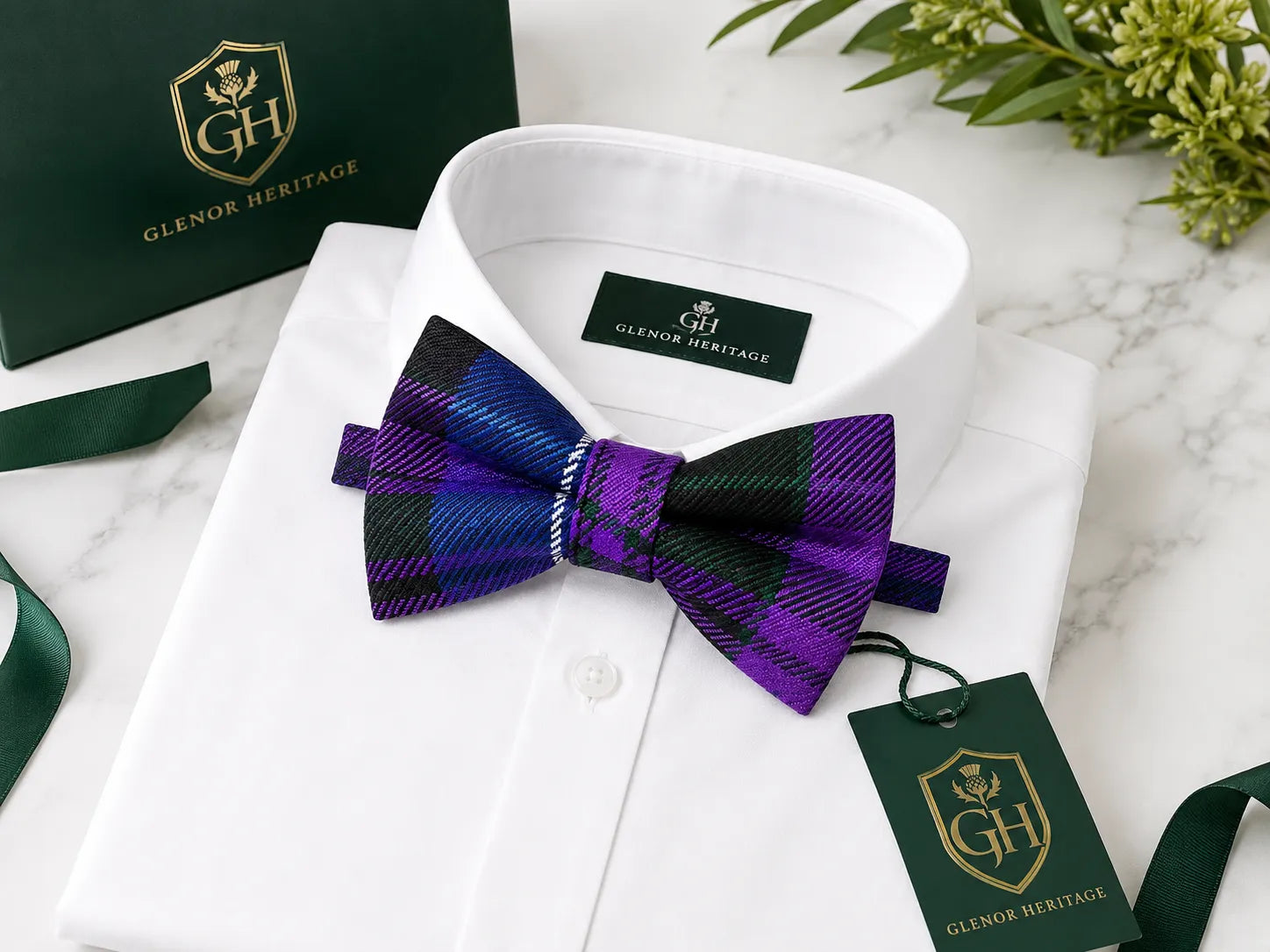 A white dress shirt folded neatly with a purple and black plaid bow tie tied at the collar. A green Glenor Heritage gift box, ribbon, and branded hangtag are arranged around it on a light marble surface with greenery in the corner.