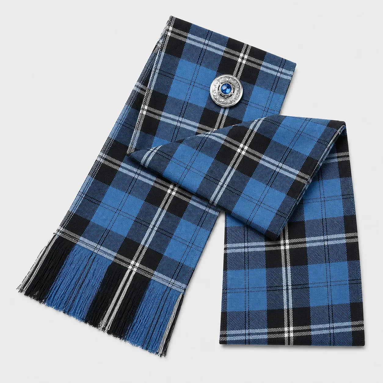 Ramsay Blue Tartan Sash front view – full-size women's Highland sash in striking blue clan tartan by Glenor Heritage