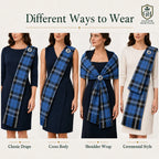 Ramsay Blue tartan sash draped full length showing distinctive blue plaid pattern and fringe detail