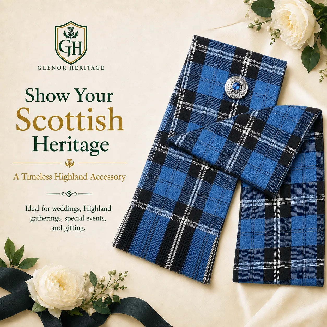 Ramsay Blue Tartan Sash – Full Size Scottish Highland Sash | Glenor Heritage