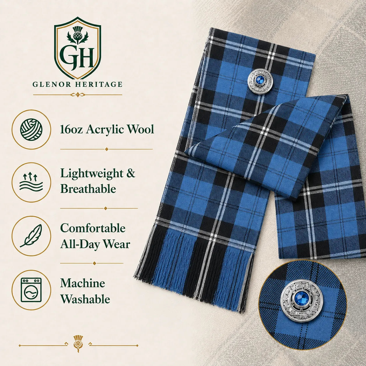Ramsay Blue Tartan Sash – Full Size Scottish Highland Sash | Glenor Heritage