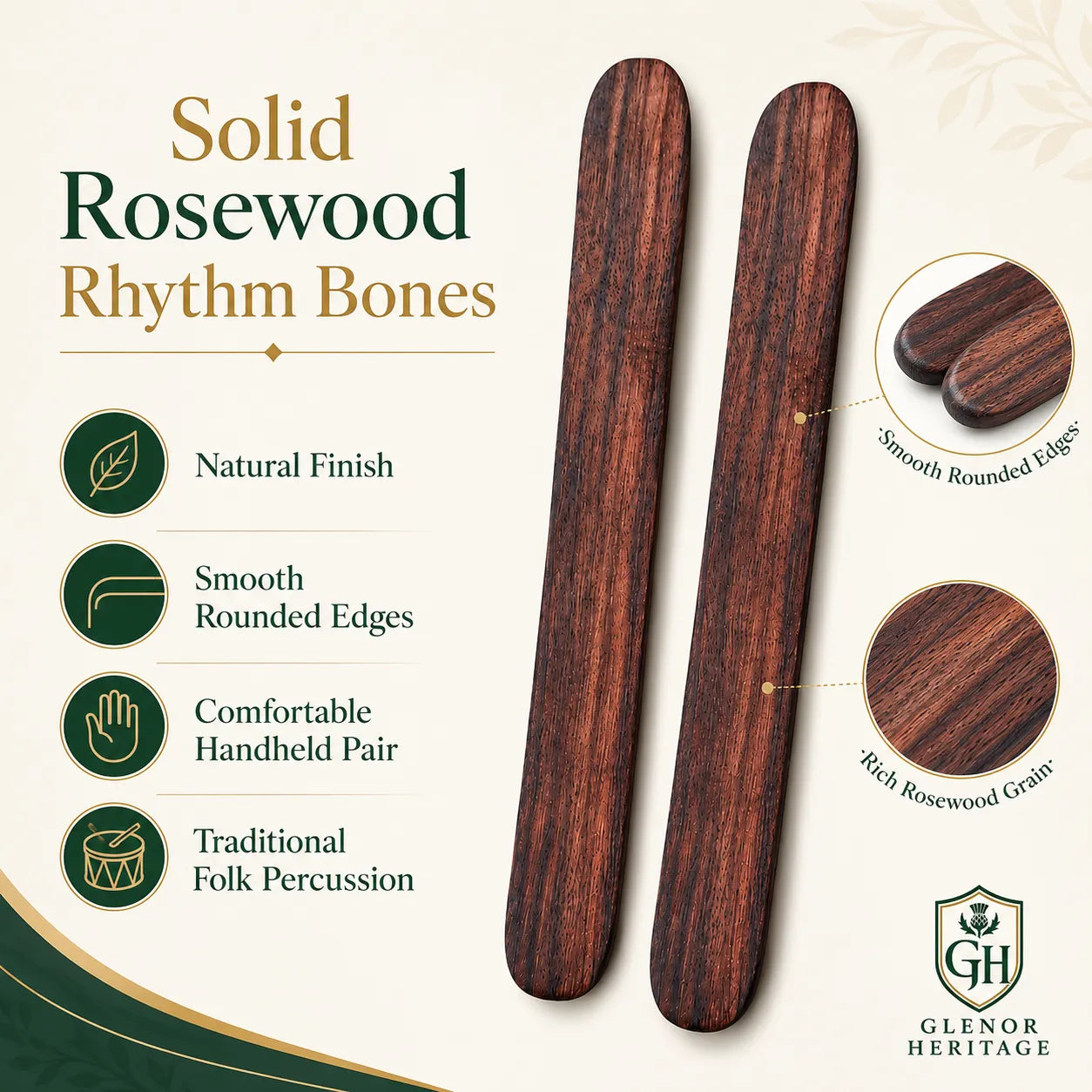 Rosewood rhythm bones held in hand showing natural wood grain and smooth rounded playing surface