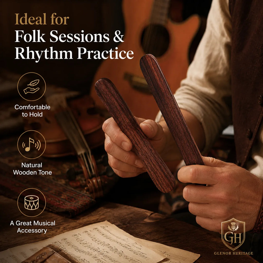 Rhythm bones pair laid flat – solid rosewood traditional Irish and Celtic folk percussion by Glenor Heritage