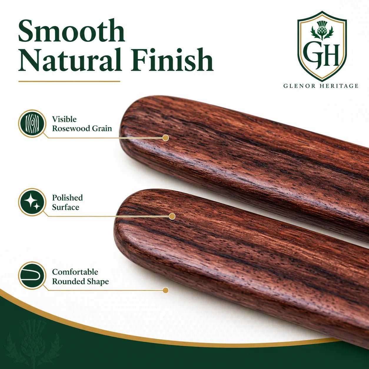 Glenor Heritage solid rosewood rhythm bones end detail showing wood grain and edge finish