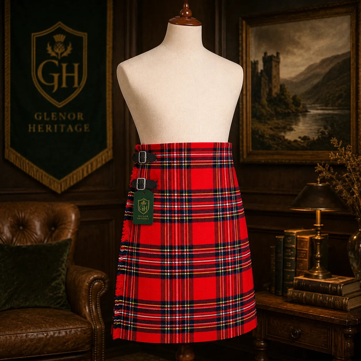 Glenor Heritage Royal Stewart tartan kilt full front view with adjustable leather strap closure
