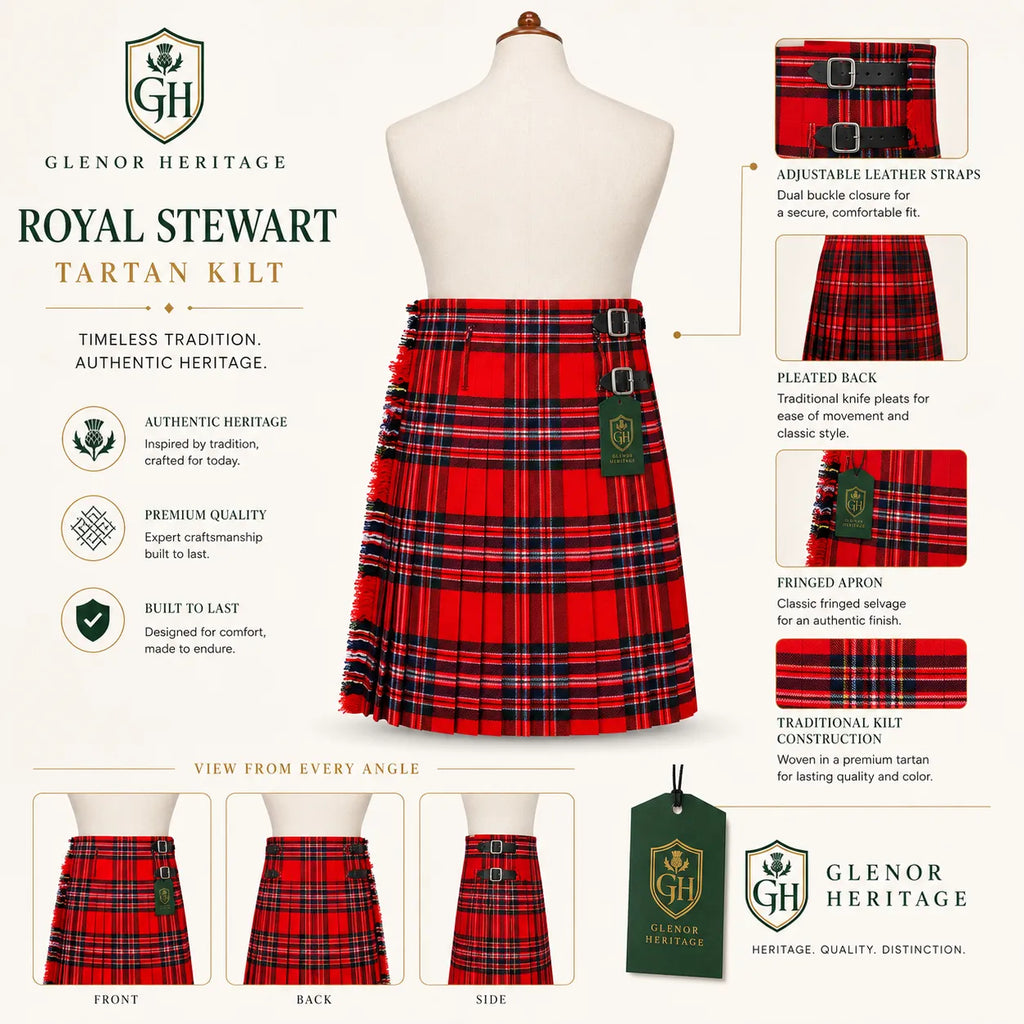 Royal Stewart kilt side view showing traditional knife pleats and metal buckle closure