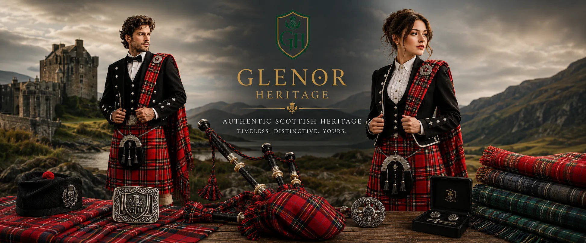 Two people in traditional Scottish attire with Glenor Heritage branding against a scenic backdrop.