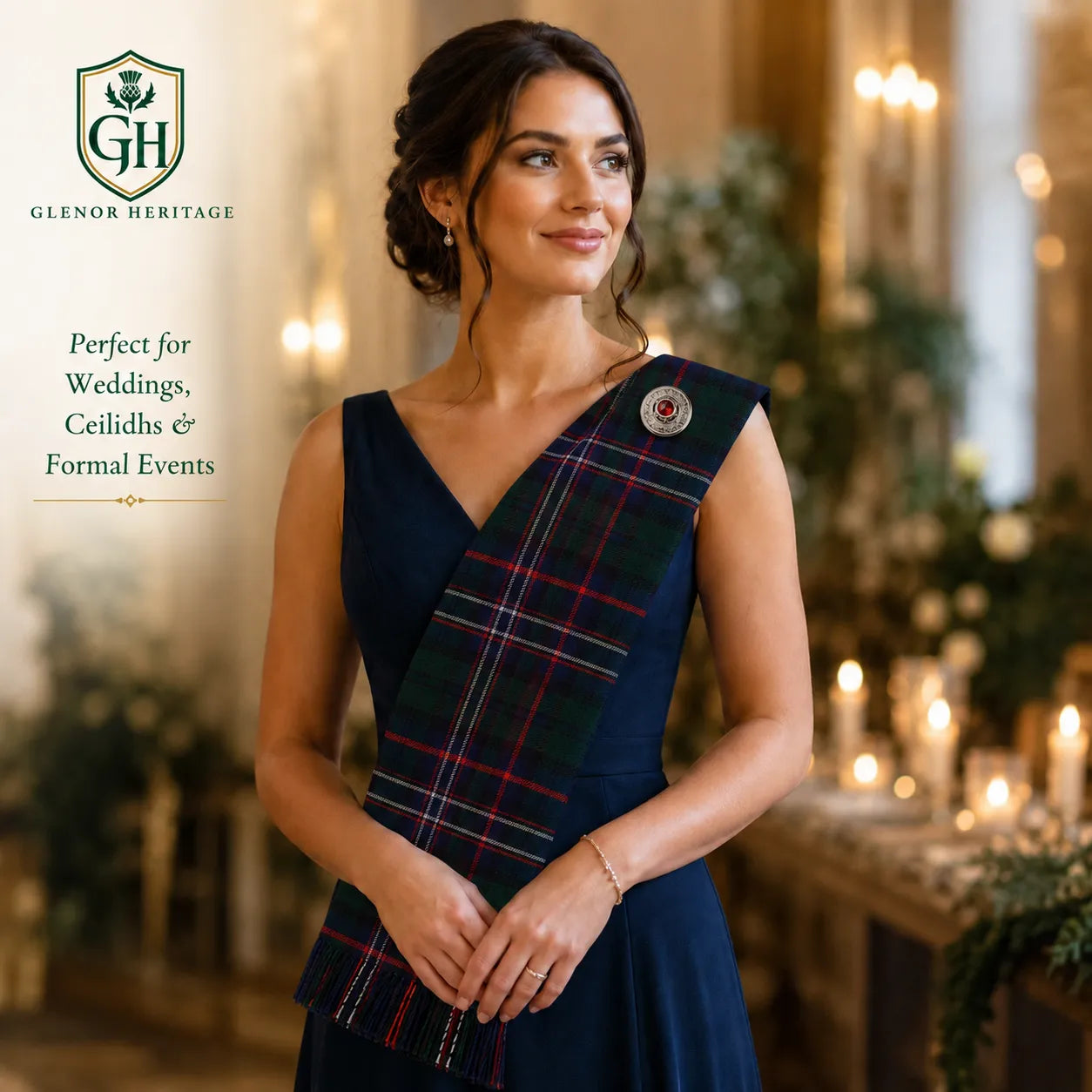 Scottish National Tartan Sash worn over shoulder – formal Highland dress sash for Burns Night and St Andrews Day