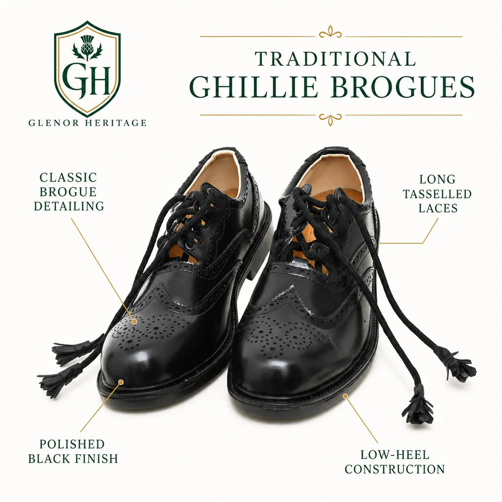 Scottish ghillie brogues side profile showing long laces and traditional brogue perforations for Highland dress