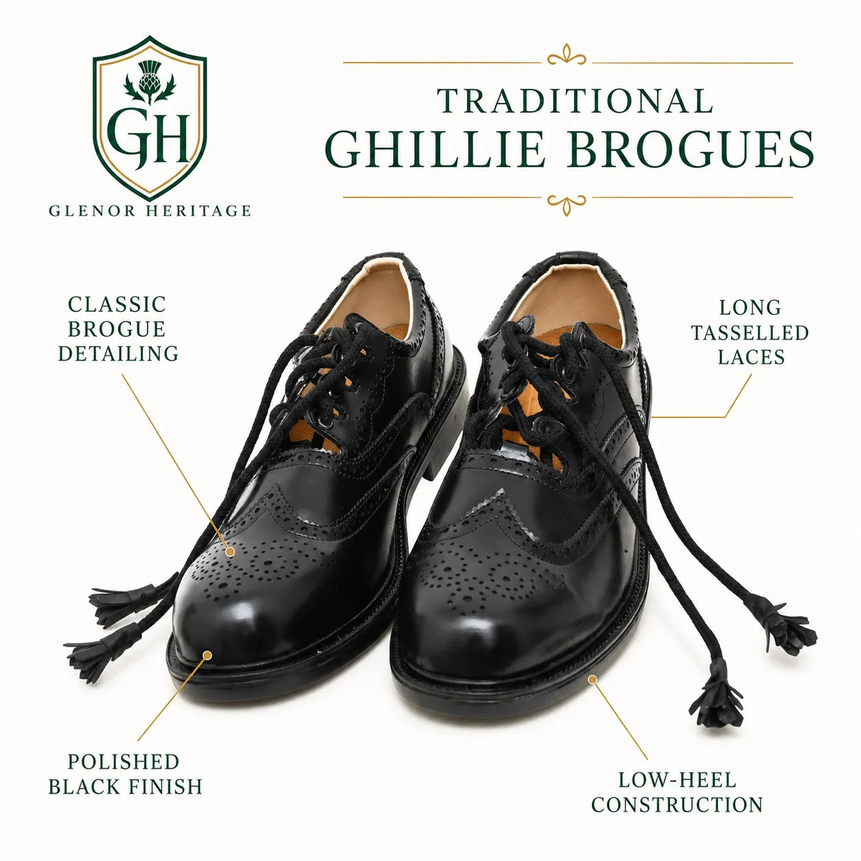 Scottish ghillie brogues side profile showing long laces and traditional brogue perforations for Highland dress