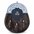 Shamrock Celtic semi dress sporran front view – brown fur Highland sporran with Shamrock emblem cantle by Glenor Heritage