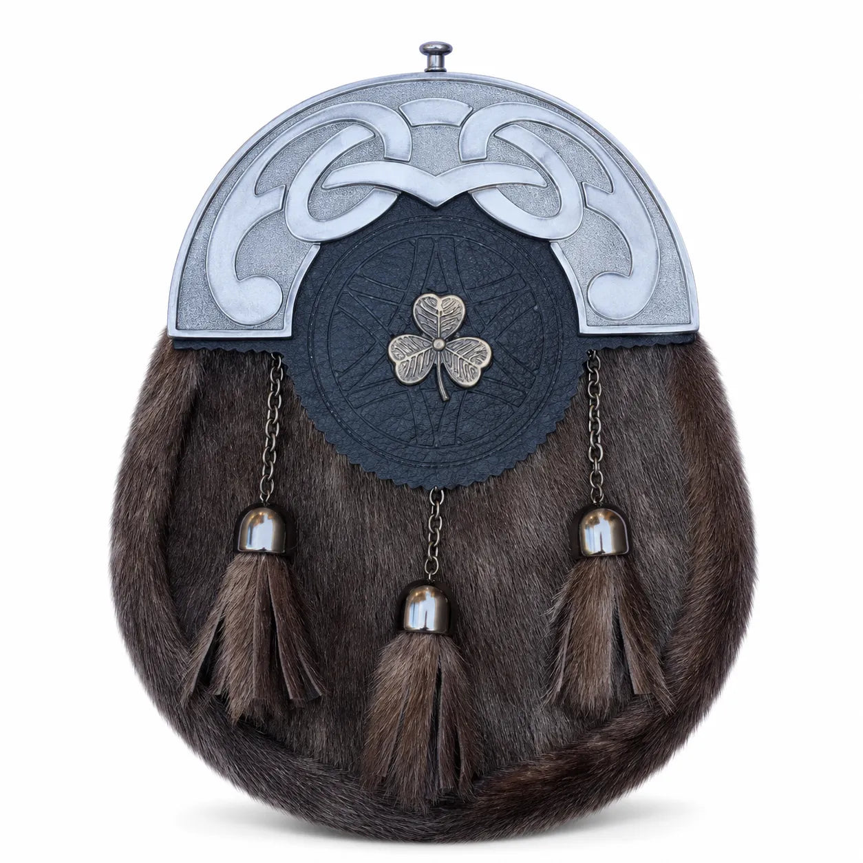Shamrock Celtic semi dress sporran front view – brown fur Highland sporran with Shamrock emblem cantle by Glenor Heritage