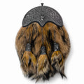 Stag head fur dress sporran front view – premium Highland dress sporran with stag head Celtic cantle and tassels by Glenor Heritage