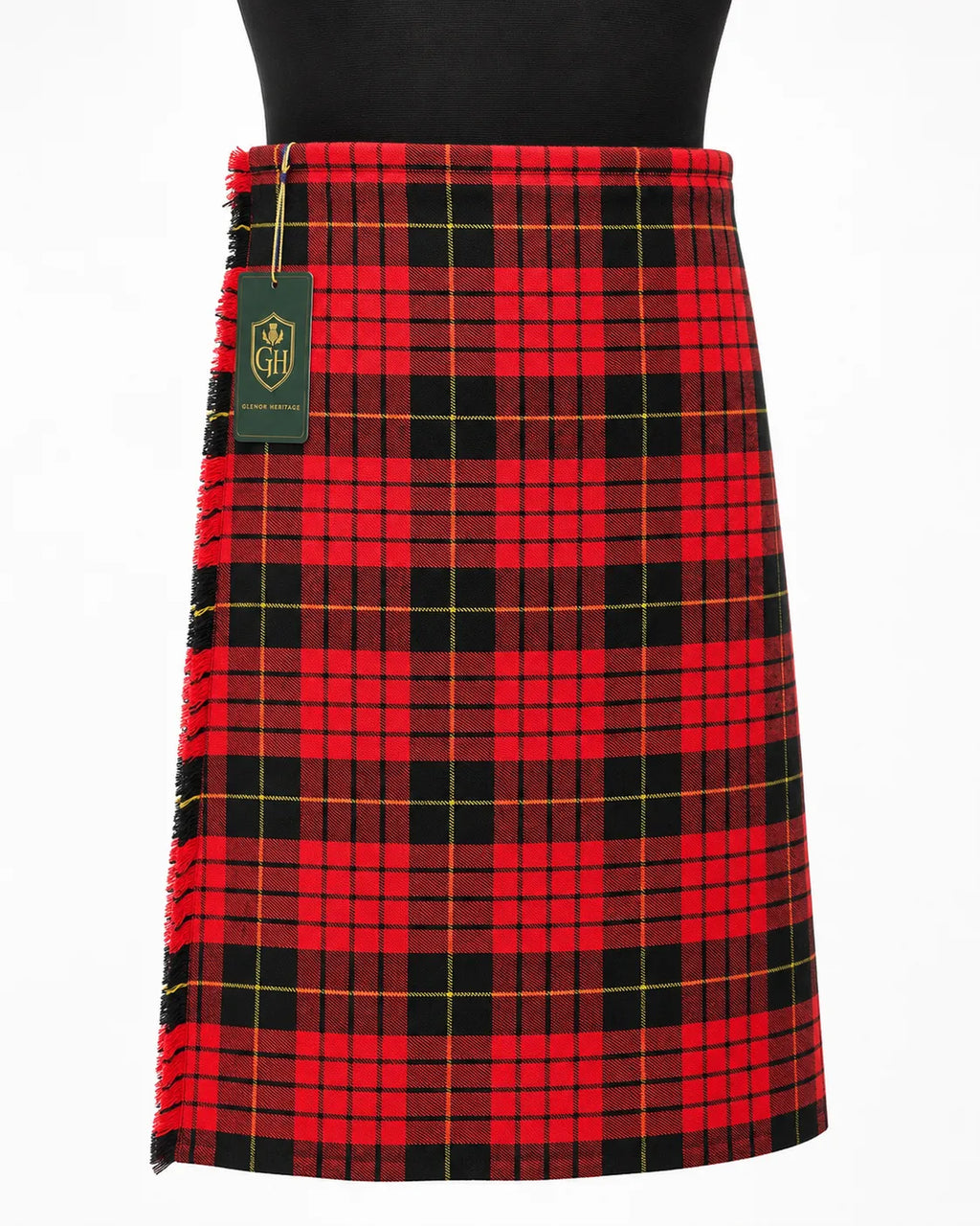 Clan Sweeny tartan kilt front view – distinctive plaid pattern with adjustable leather straps