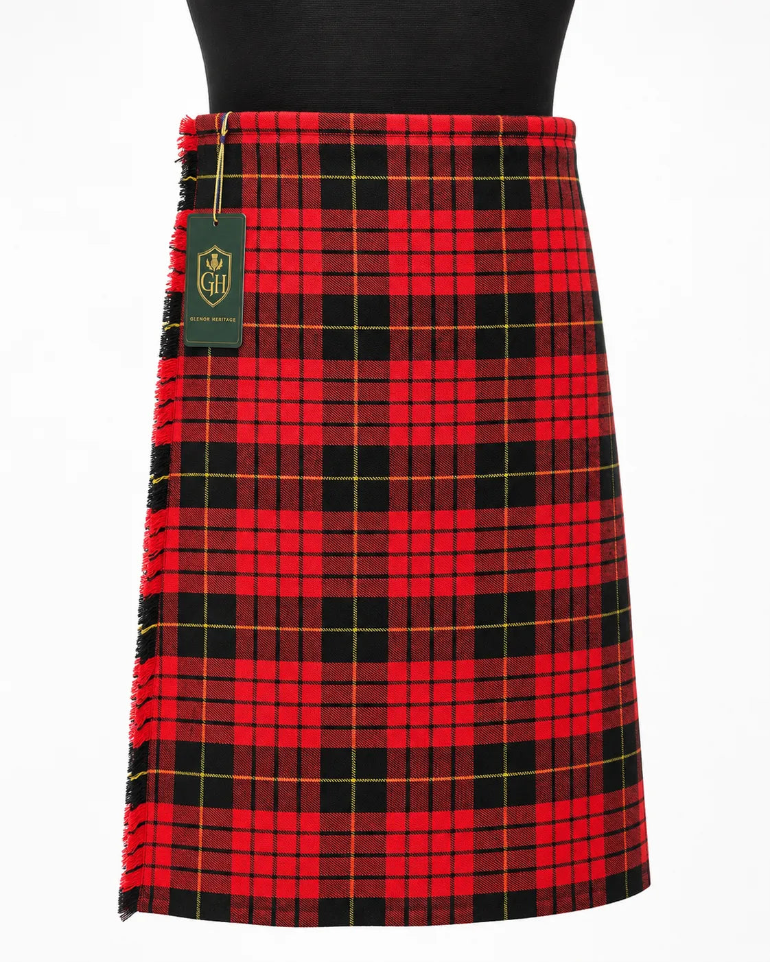 Clan Sweeny tartan kilt front view – distinctive plaid pattern with adjustable leather straps