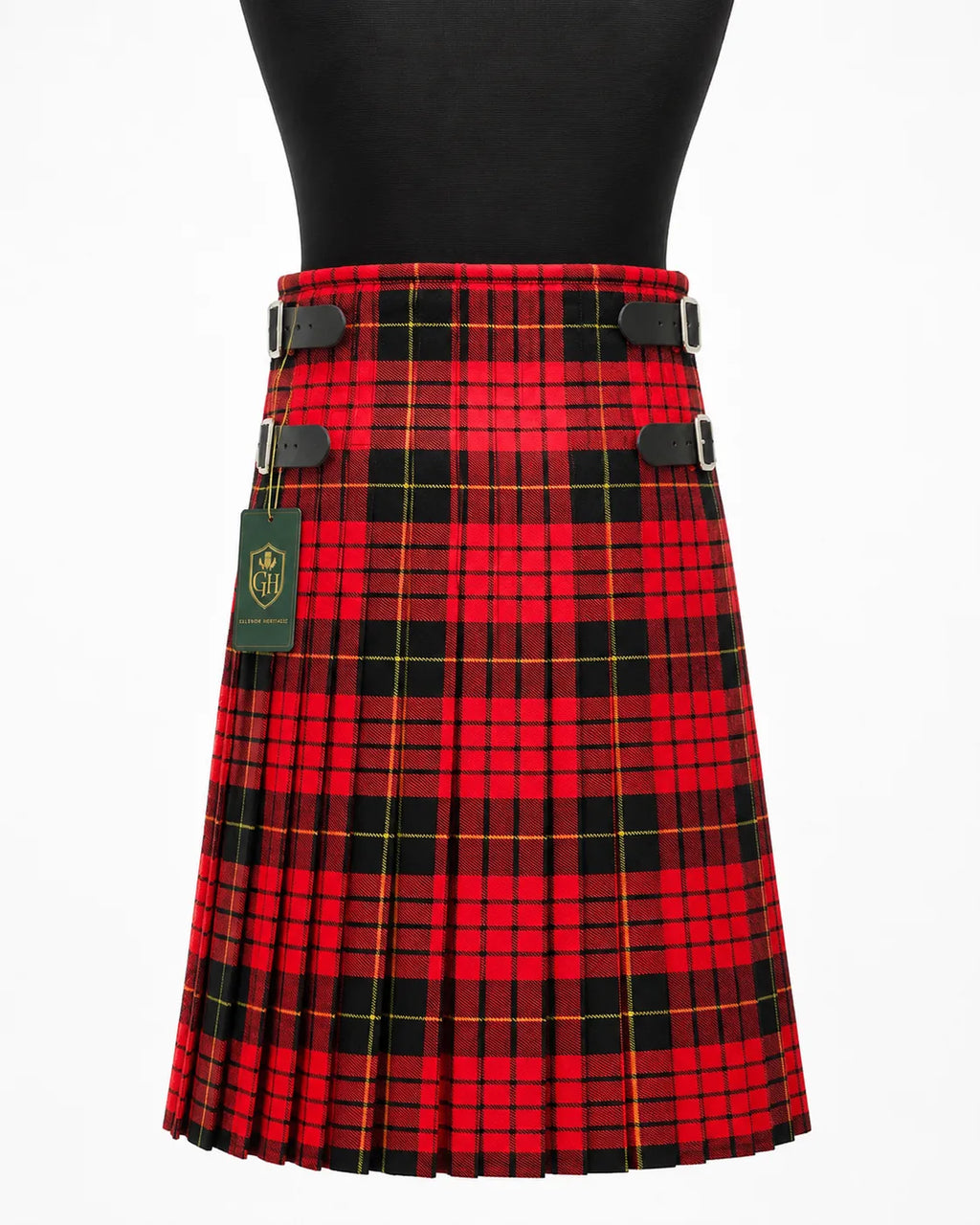 Clan Sweeny kilt side view showing traditional knife pleats and metal buckle closure
