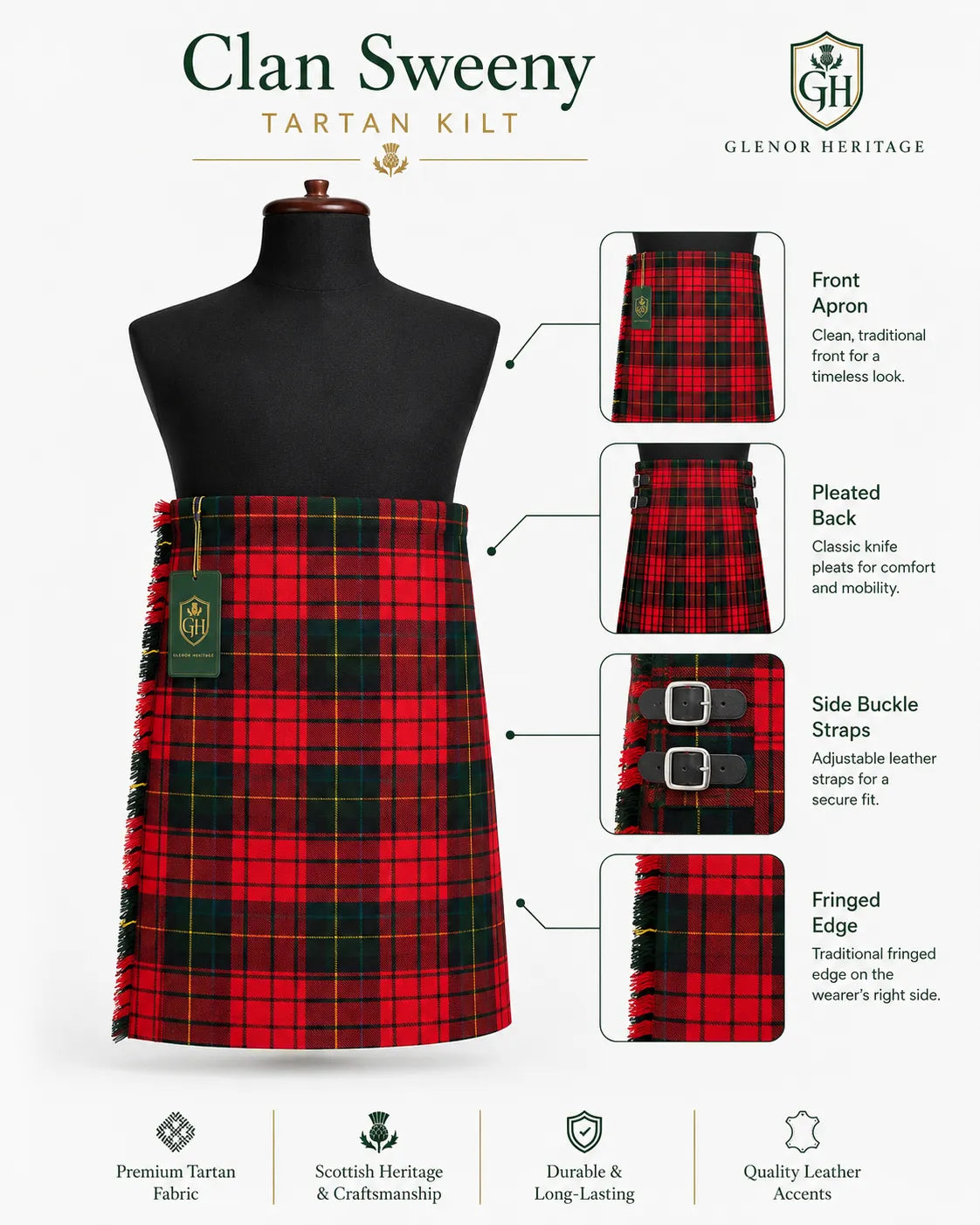 Clan Sweeny tartan kilt full length – traditional Scottish Highland kilt for clan gatherings and weddings