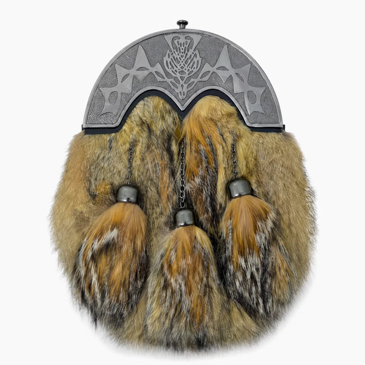 Thistle knot fur dress sporran front view – premium Highland sporran with Scottish thistle and Celtic knotwork cantle by Glenor Heritage