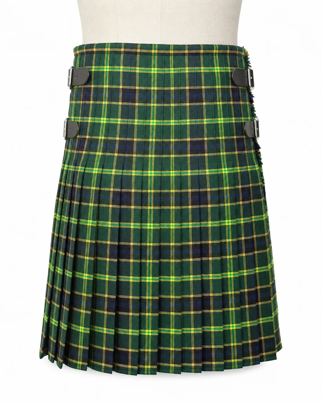 US Army tartan kilt side view showing traditional knife pleats and metal buckle closure