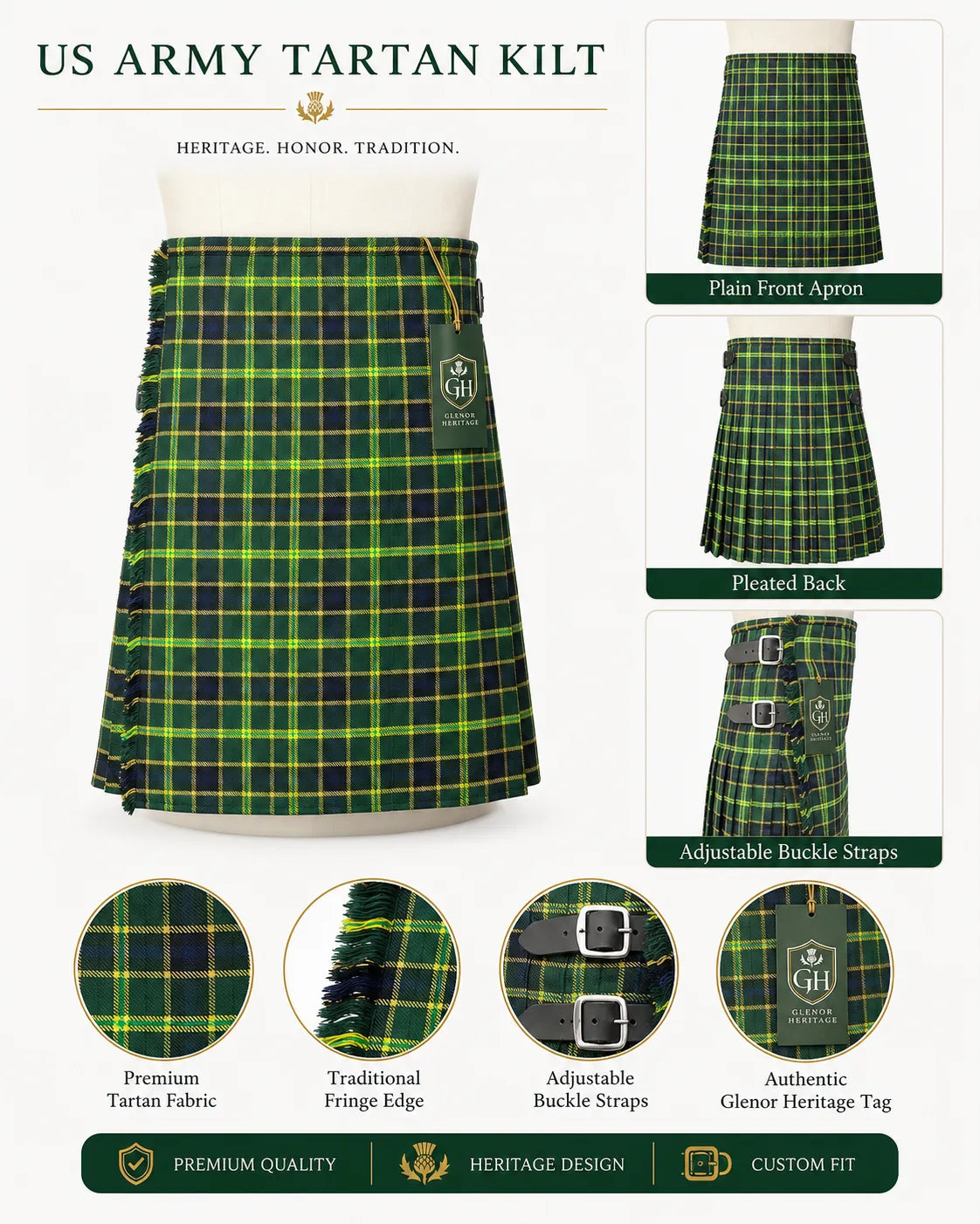 US Army tartan kilt full length view – military Highland kilt for veterans and patriotic ceremonies