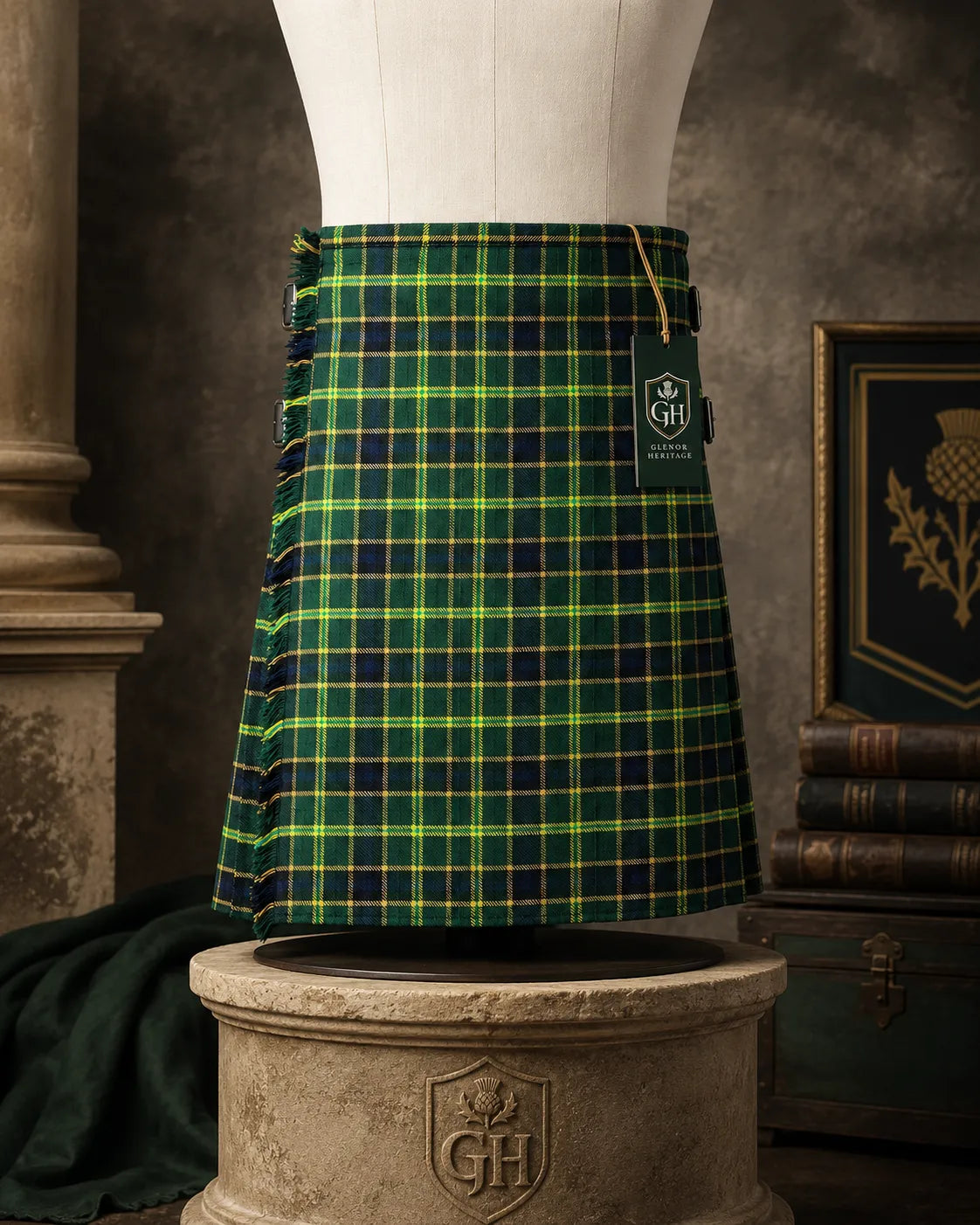 Glenor Heritage US Army tartan kilt leather strap and metal buckle detail close-up