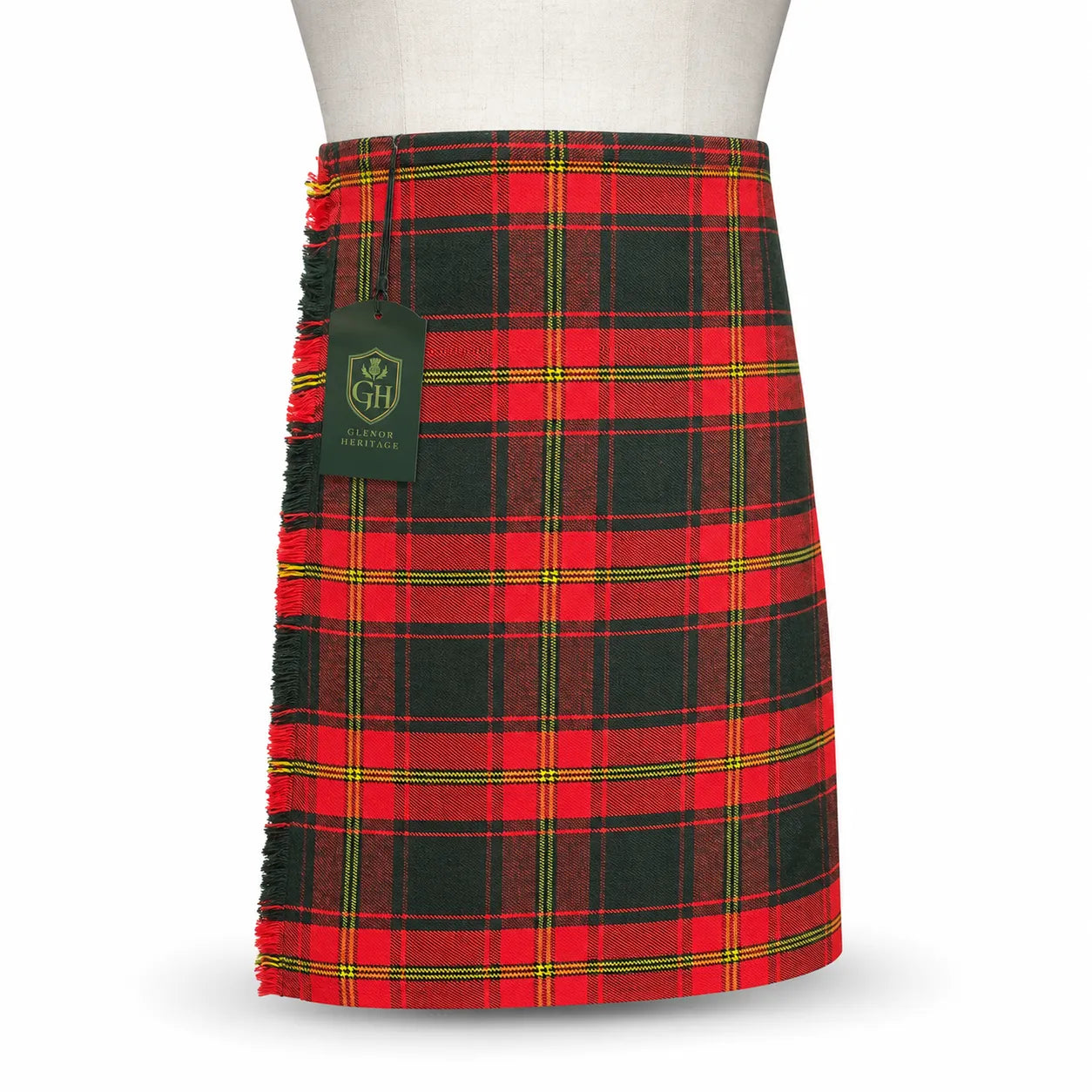 Ulster Red tartan kilt front view – striking red Irish and Scottish plaid with adjustable leather straps