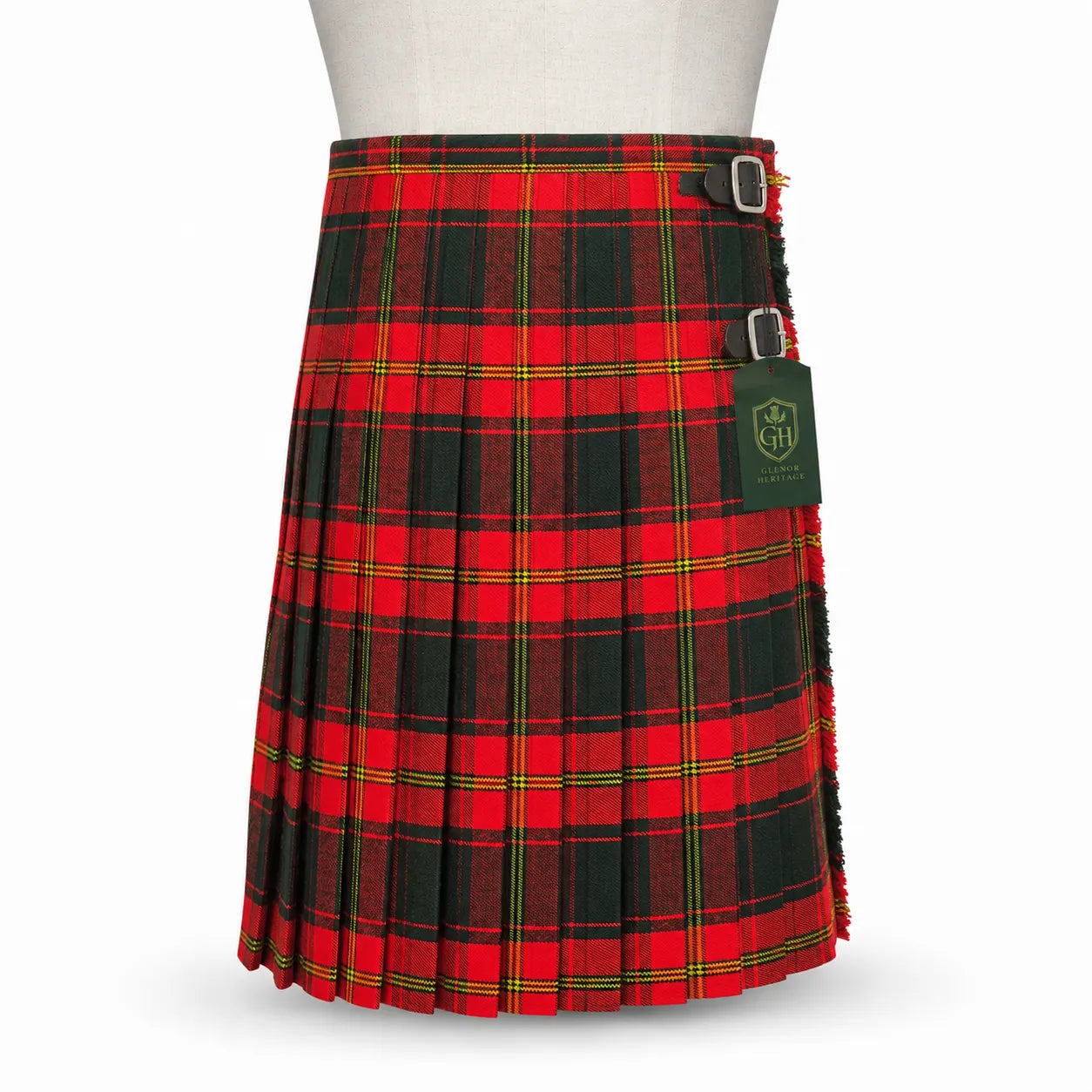 Ulster Red kilt side view showing traditional knife pleats and metal buckle closure