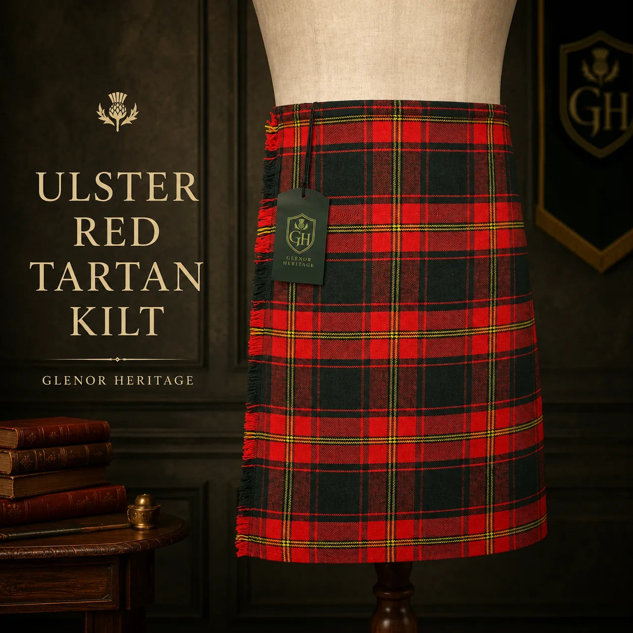 Glenor Heritage Ulster Red tartan kilt leather strap and rust-resistant buckle close-up
