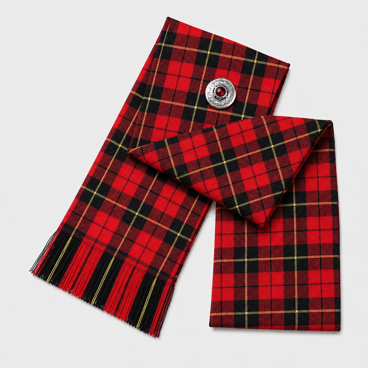 Wallace Tartan Sash front view – full-size women's Highland sash in bold red and yellow clan tartan by Glenor Heritage