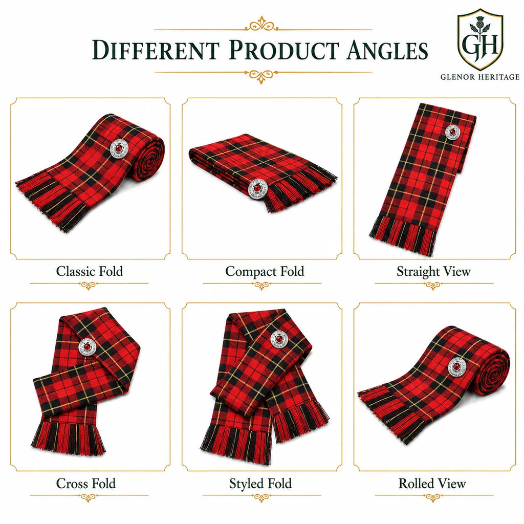 Wallace tartan sash draped showing full length and traditional fringe edging – Scottish Highland sash