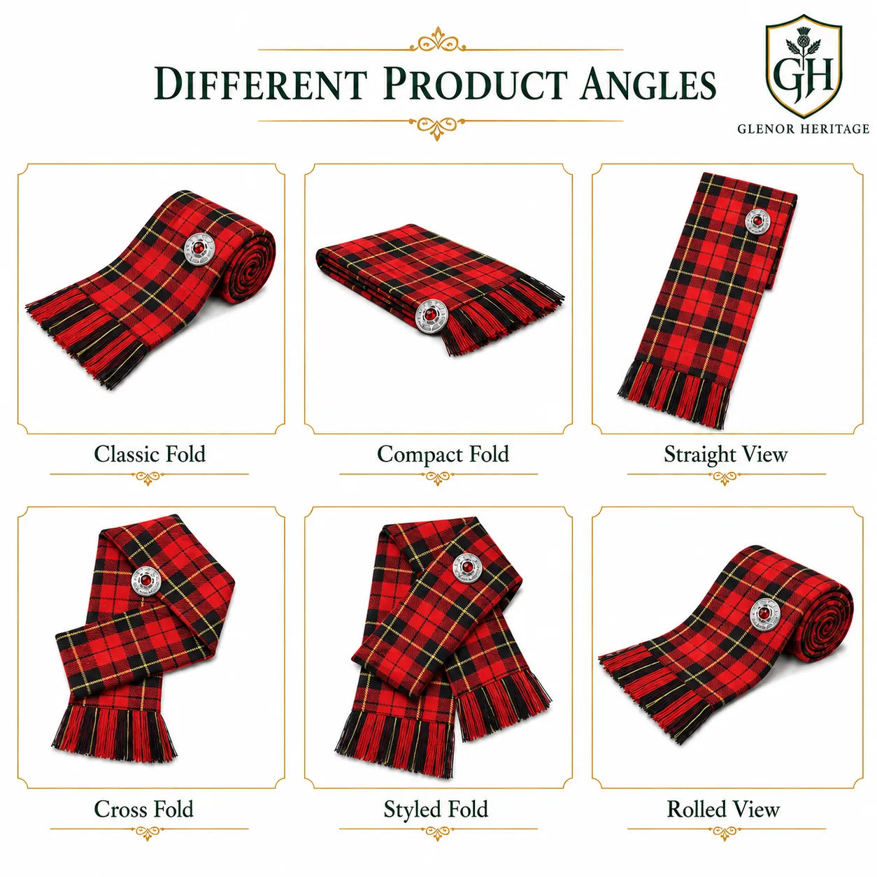 Wallace tartan sash draped showing full length and traditional fringe edging – Scottish Highland sash