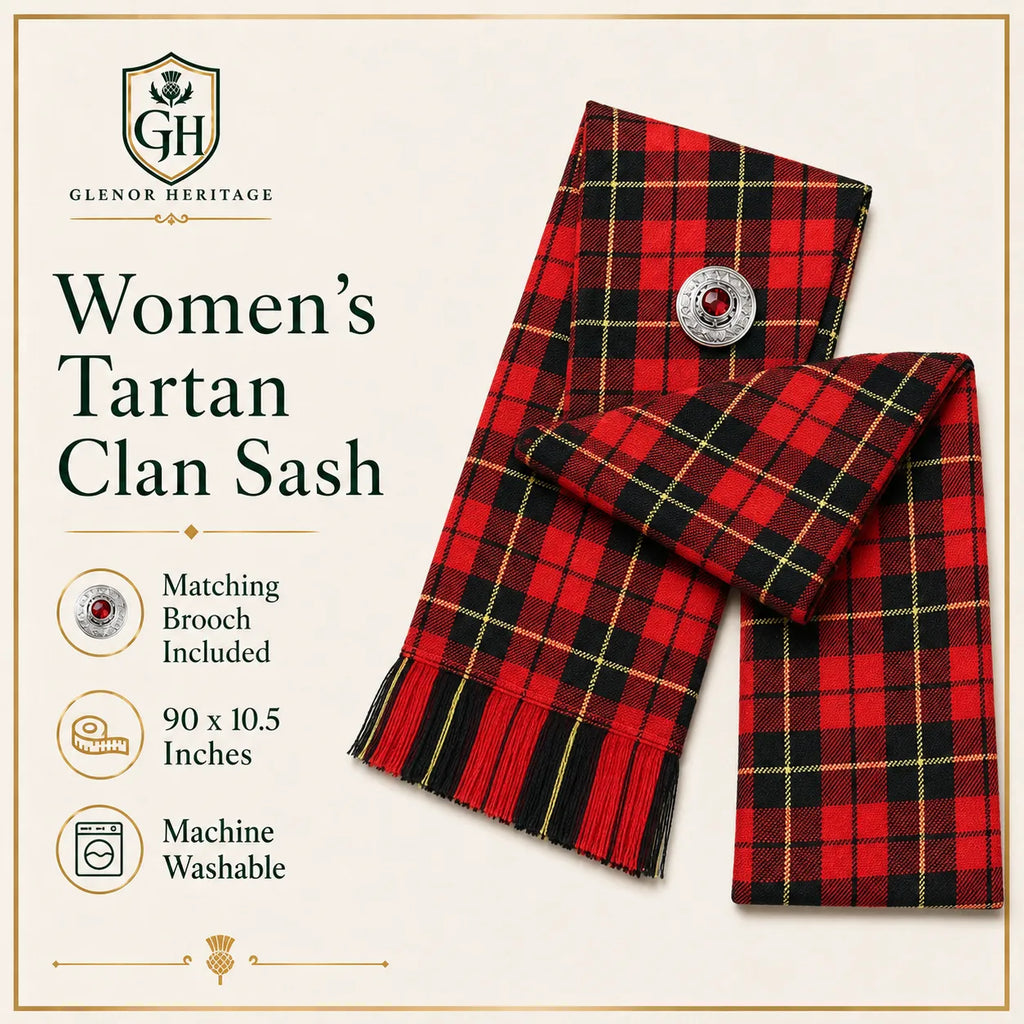Wallace Tartan Sash close-up showing bold red and yellow plaid pattern and fringe detail by Glenor Heritage