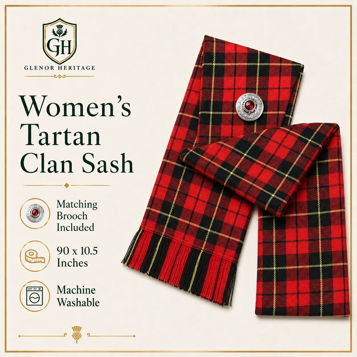 Wallace Tartan Sash close-up showing bold red and yellow plaid pattern and fringe detail by Glenor Heritage