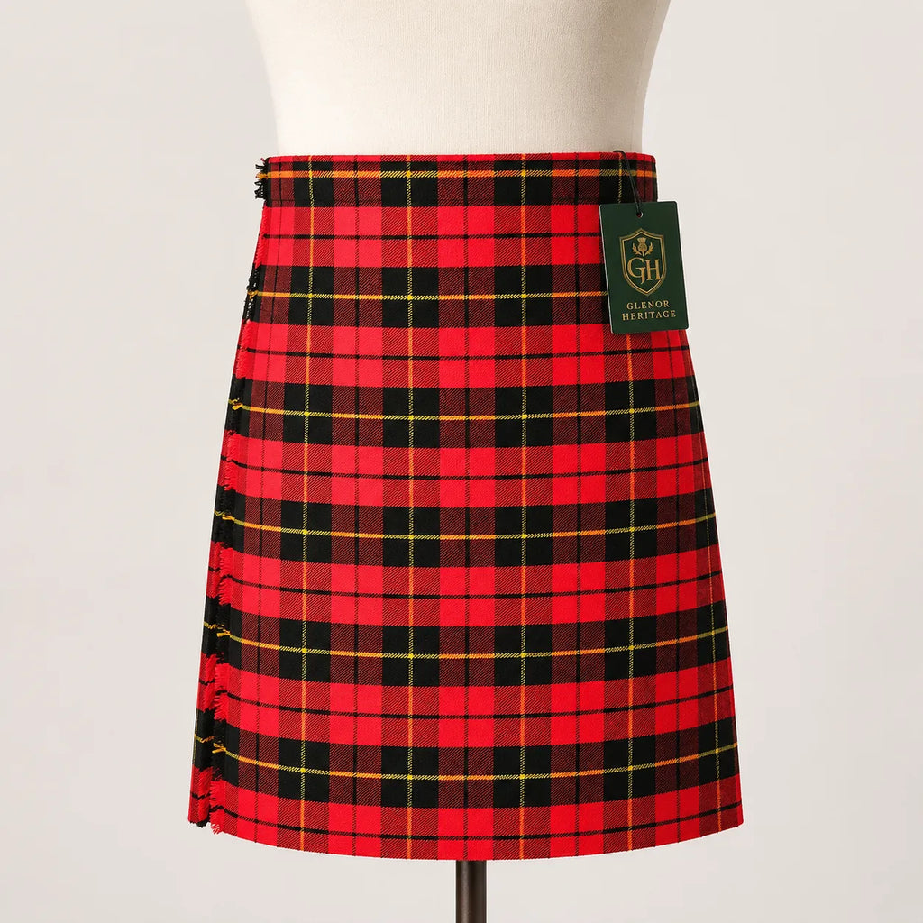 Wallace tartan kilt front view – bold red and yellow plaid of Scotland's legendary clan with leather straps