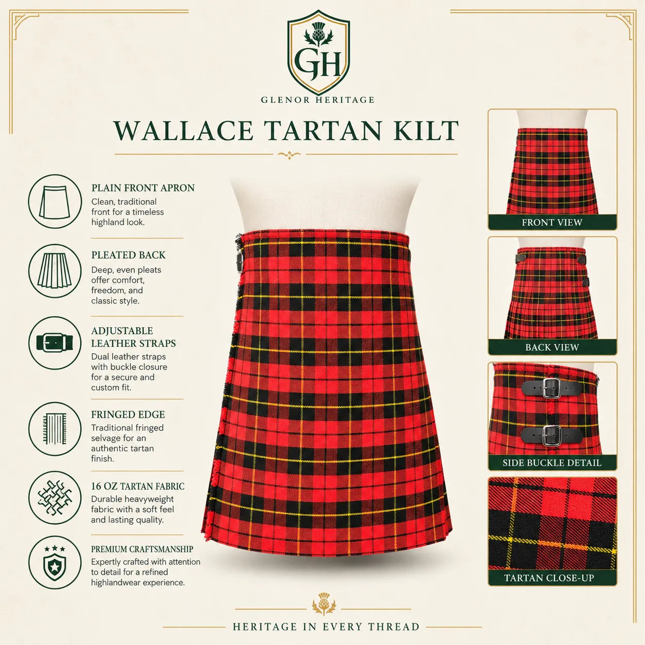 Wallace clan tartan kilt full length view – Scottish Highland kilt for weddings and Highland Games