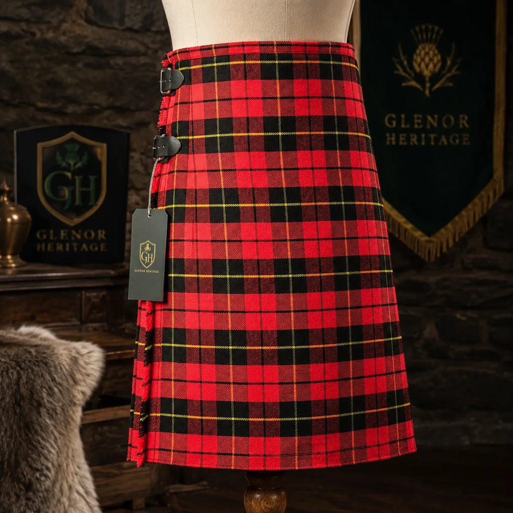 Glenor Heritage Wallace tartan kilt leather strap and rust-resistant buckle close-up detail