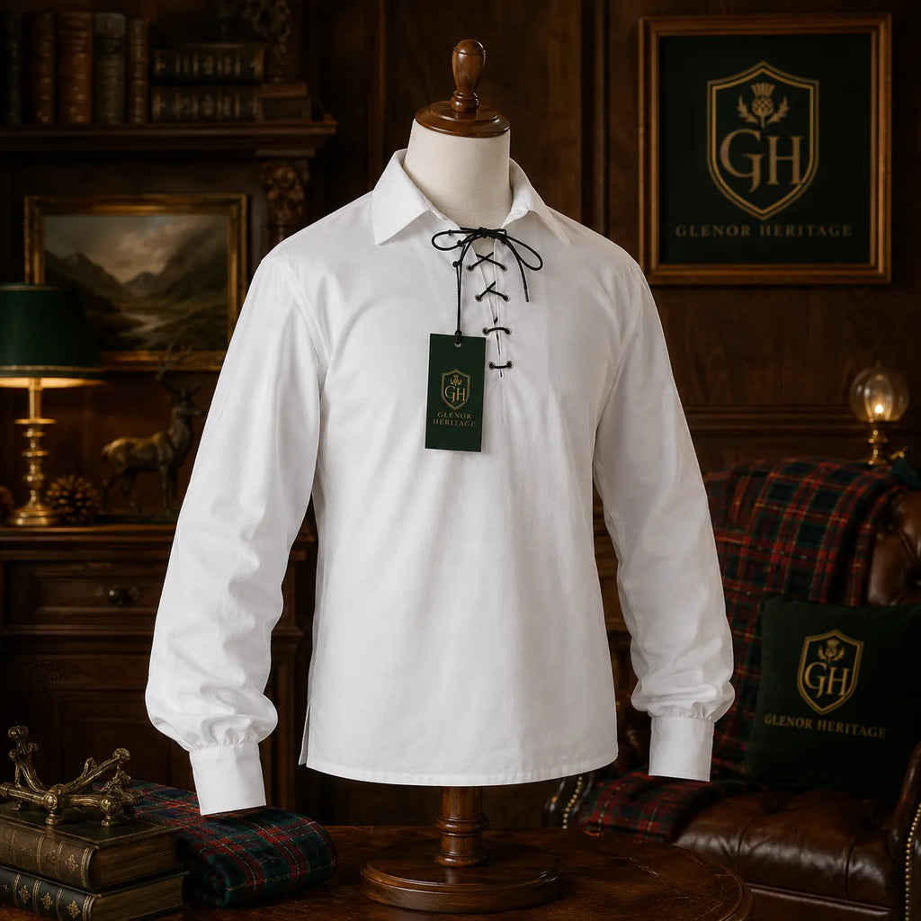 White Highland Lace-Up Shirt – Traditional Scottish Jacobite Attire | Glenor Heritage