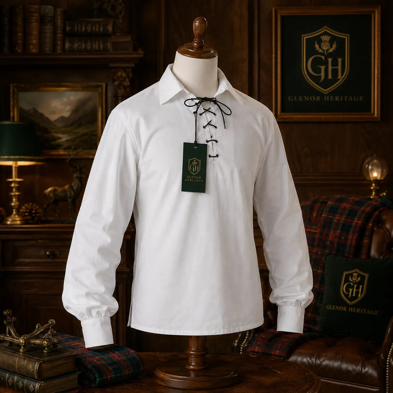 White Highland Lace-Up Shirt – Traditional Scottish Jacobite Attire | Glenor Heritage