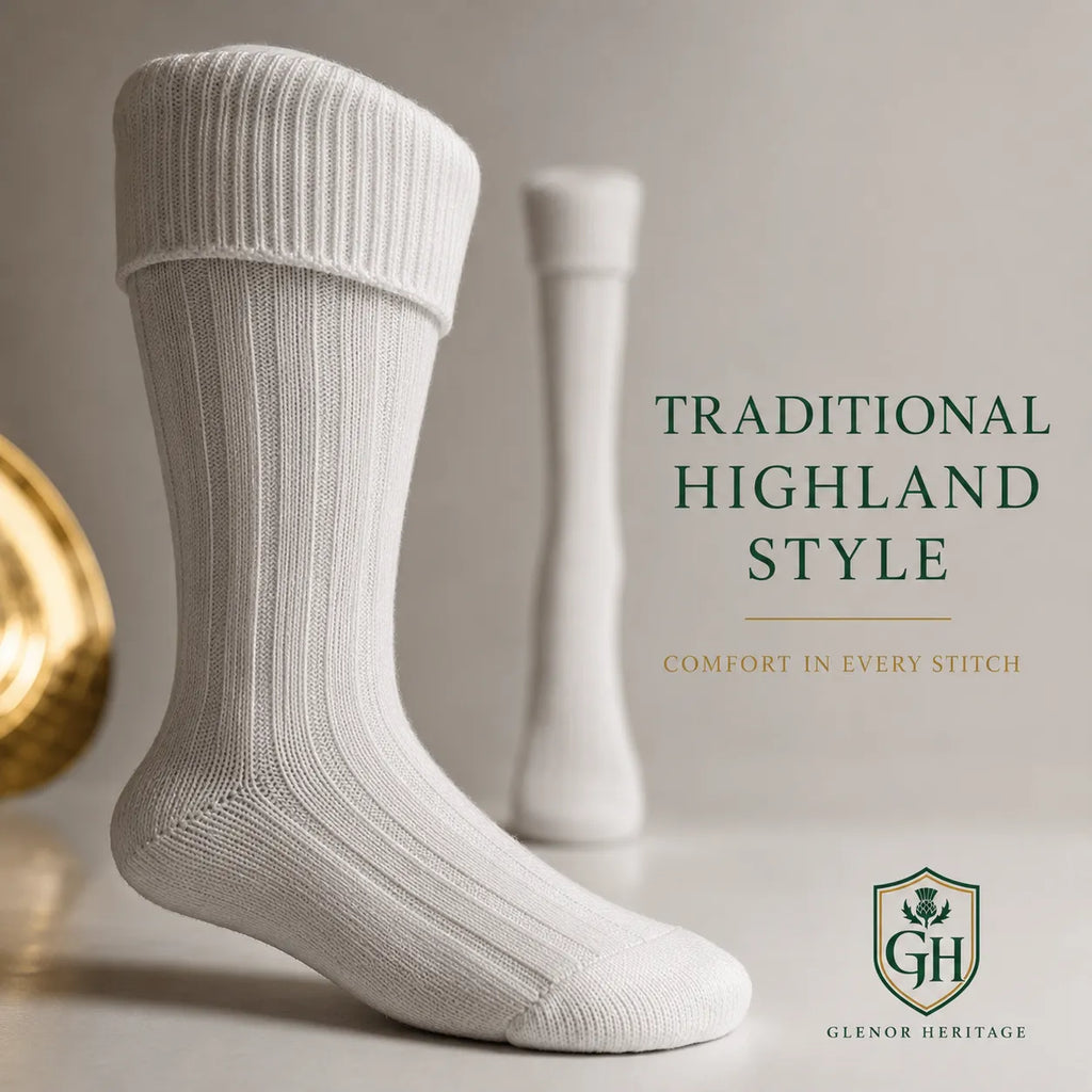 White Scottish kilt hose front view – premium Highland socks for kilts, weddings and pipe band by Glenor Heritage