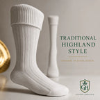 White Scottish kilt hose front view – premium Highland socks for kilts, weddings and pipe band by Glenor Heritage