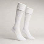 White Scottish kilt hose side view – traditional ribbed Highland socks for kilts and pipe band by Glenor Heritage