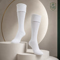 White kilt hose full length showing knee-high ribbed design for traditional Highland dress