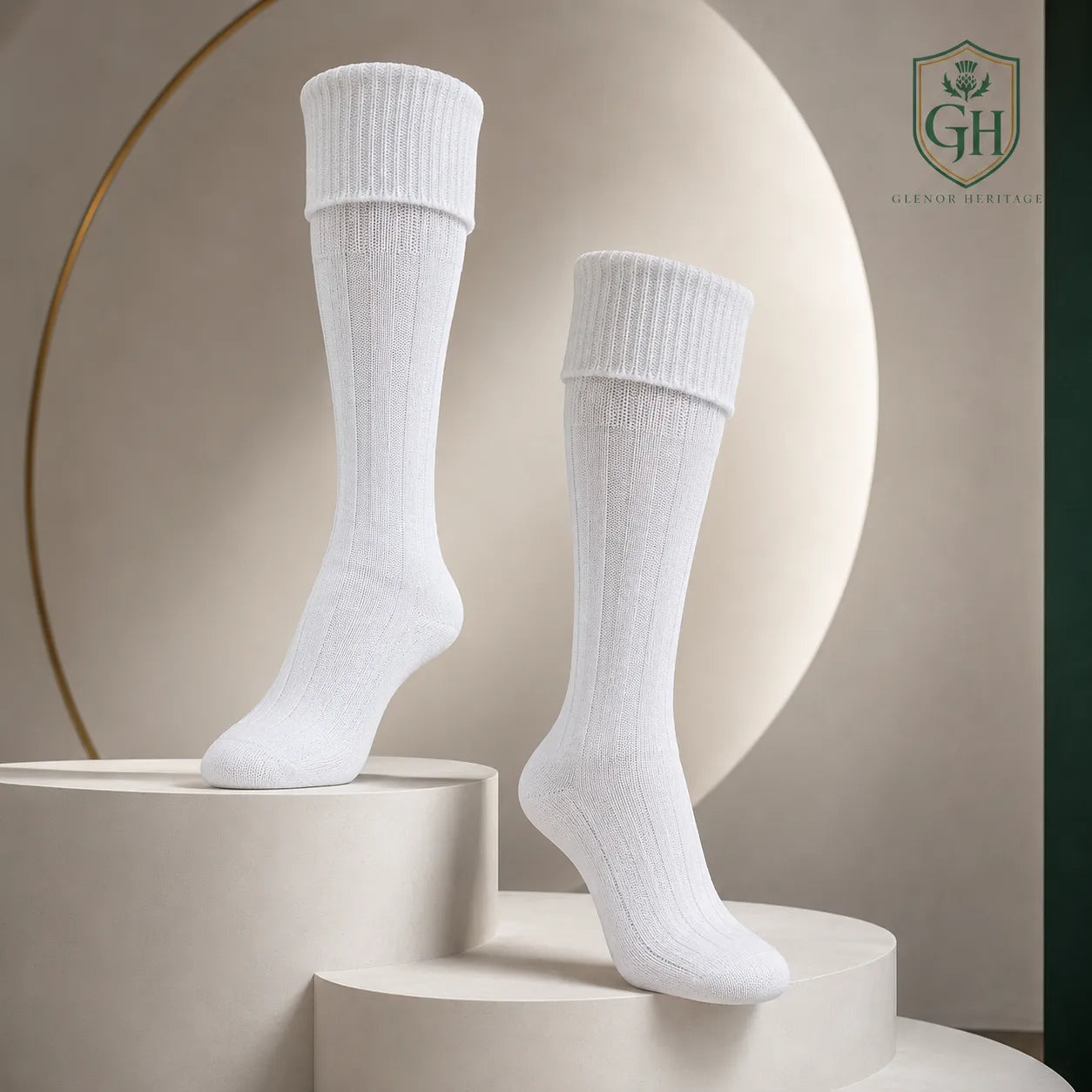White kilt hose full length showing knee-high ribbed design for traditional Highland dress