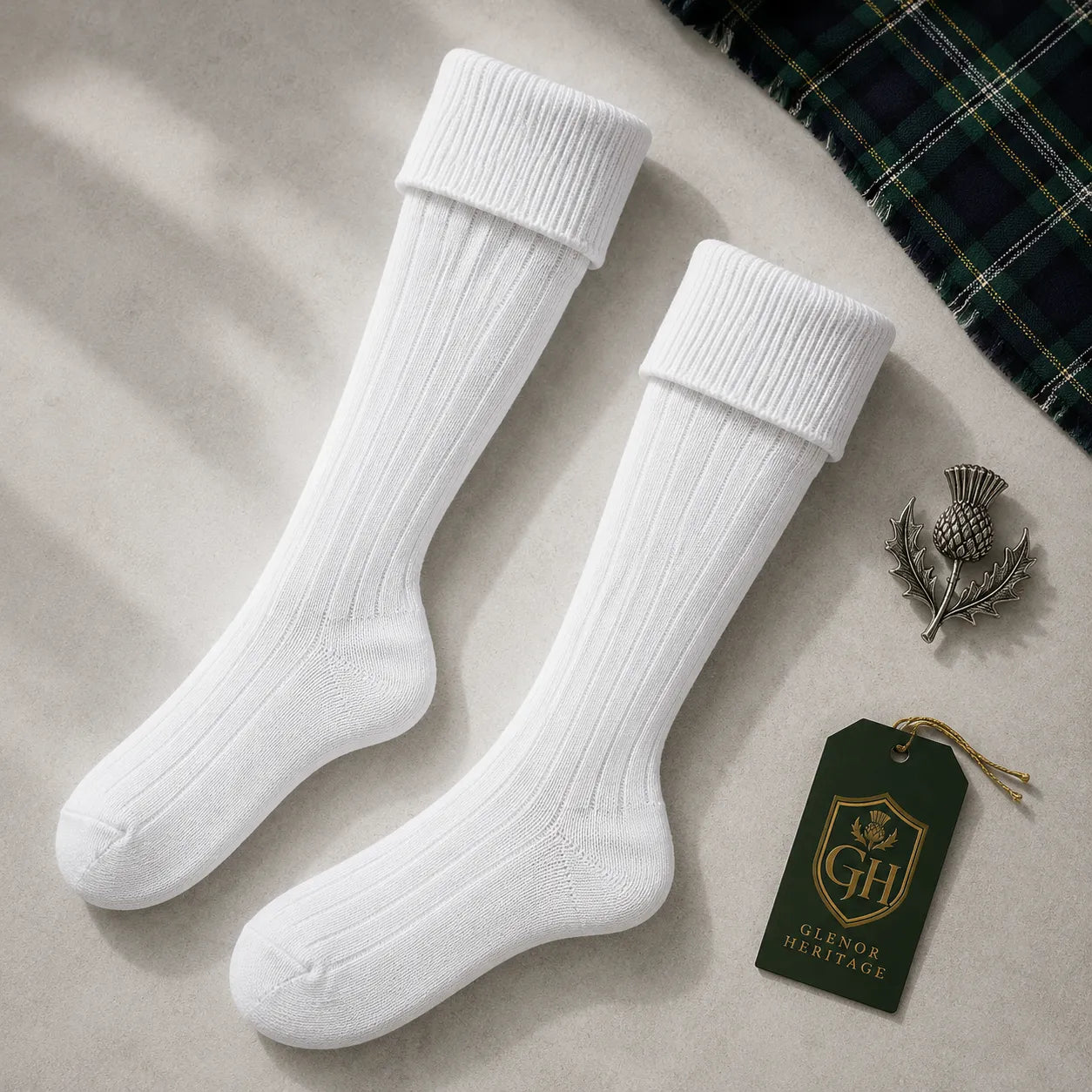 Traditional White Kilt Hose – Classic Scottish Highland Socks | Glenor Heritage